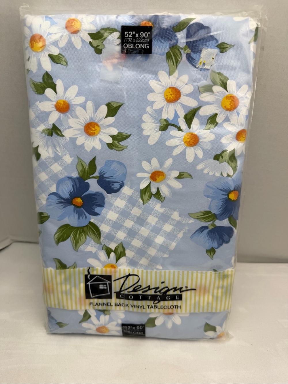 Design Cottage Flannel Back Vinyl Tablecloth 52" X 90 Oblong Floral Blue New Nos